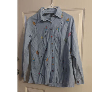 Silver Threads Small Blue Embroidered Kite Shirt, Button Up  Vintage